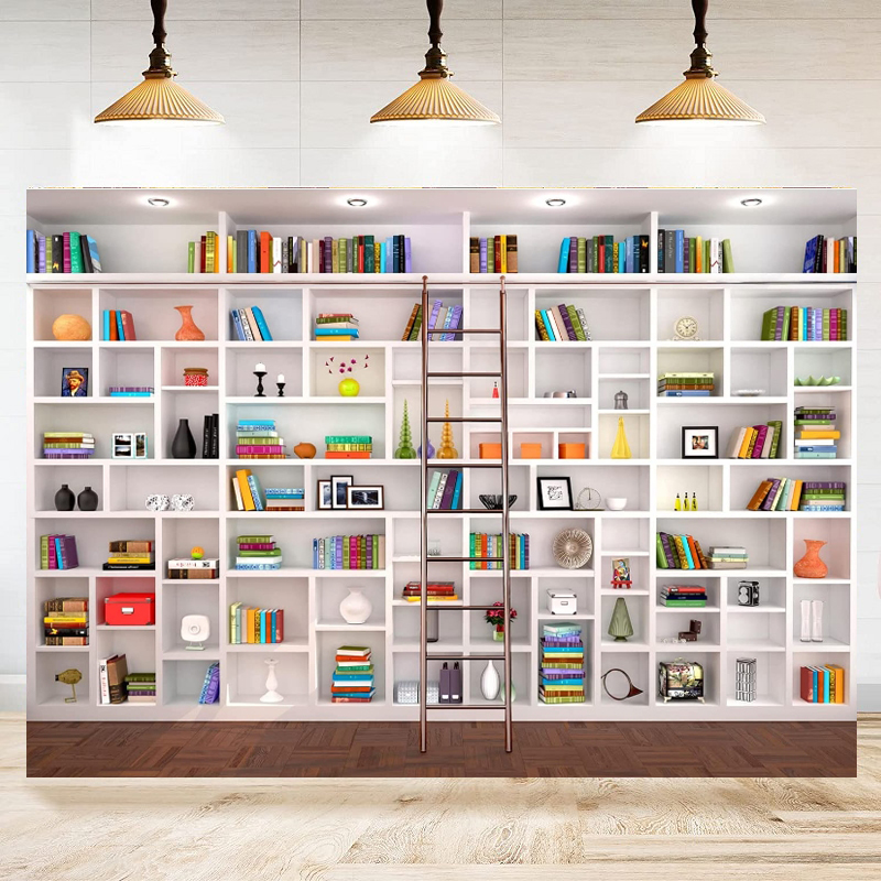 Home Office Zoom Background - White Bookshelf Photography Backdrop Bookcase Office